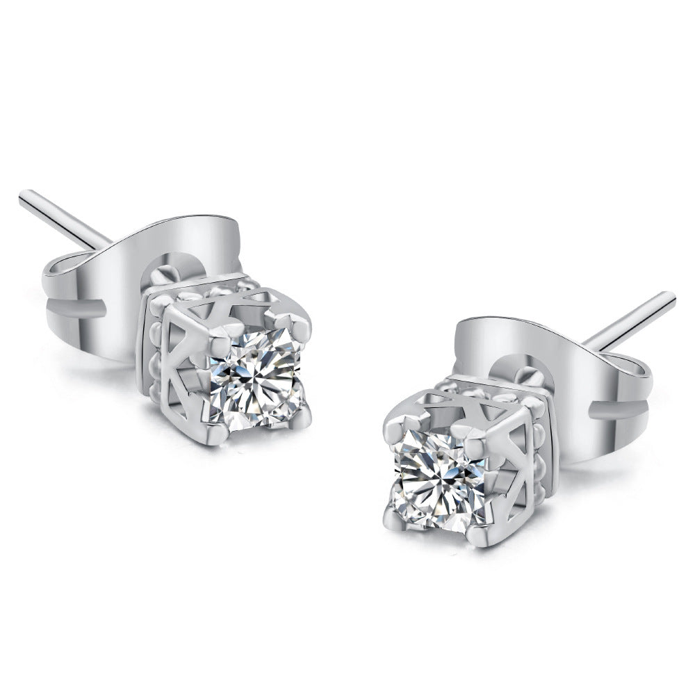 Four-claw Stud Earrings Zircon Micro-inlaid White Gold Plated