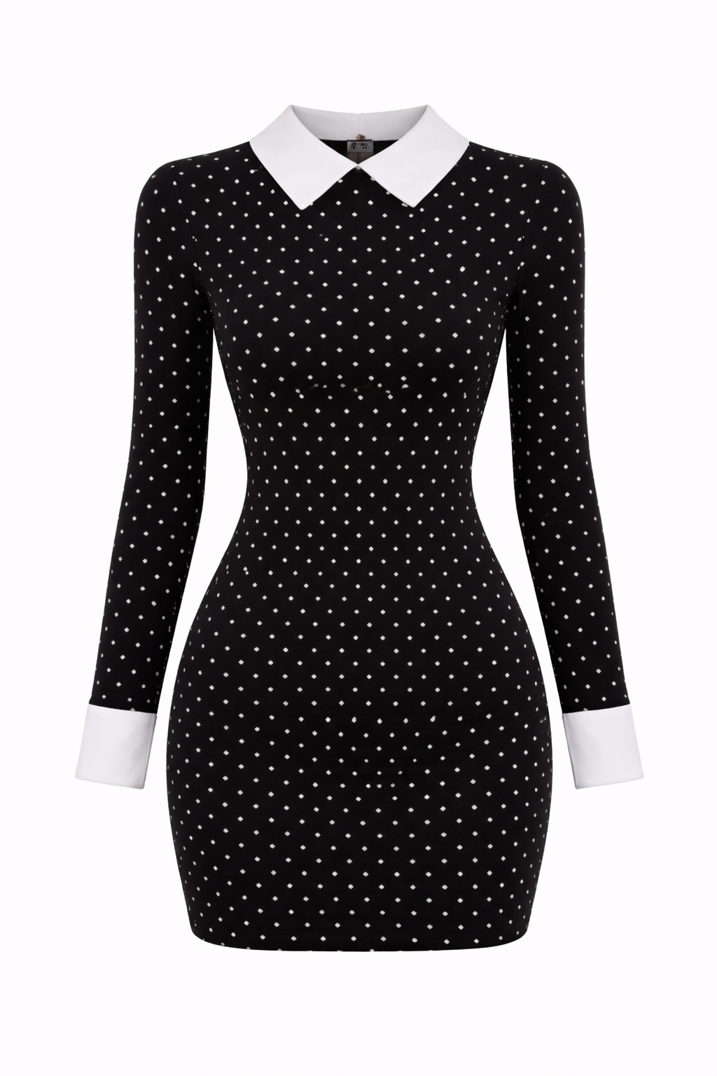 Robe noire moulante à pois col contrasté