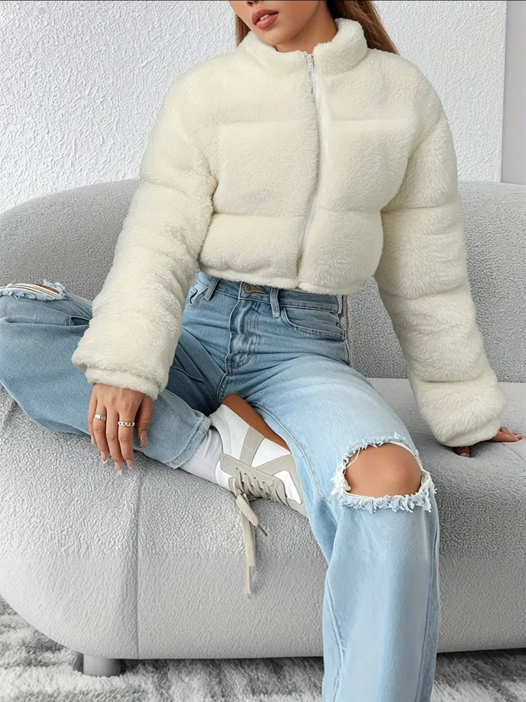 Veste courte polaire col zippé blanche - femme