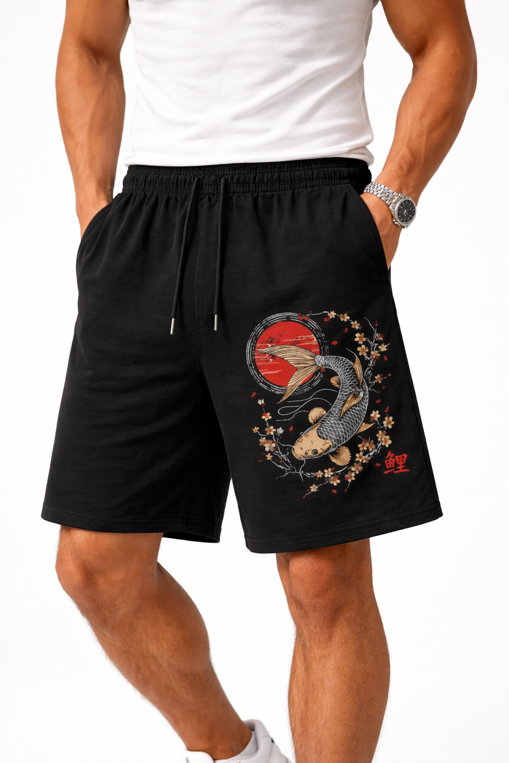 Short noir imprimé Koi japonais - Homme