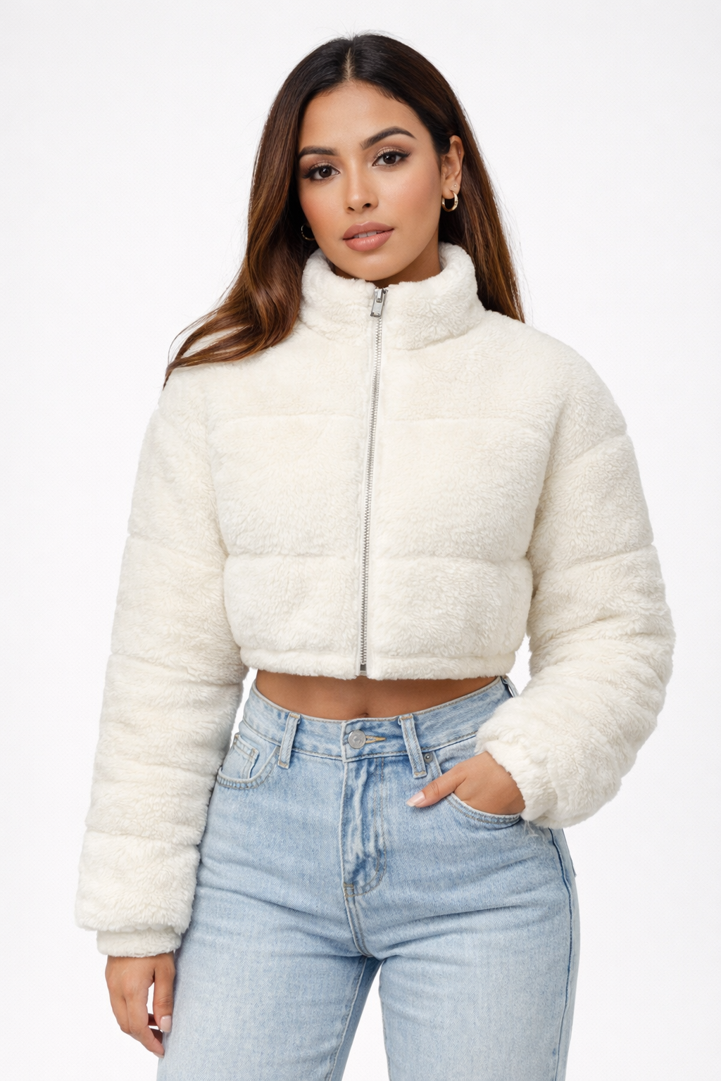 Veste courte polaire col zippé blanche - femme