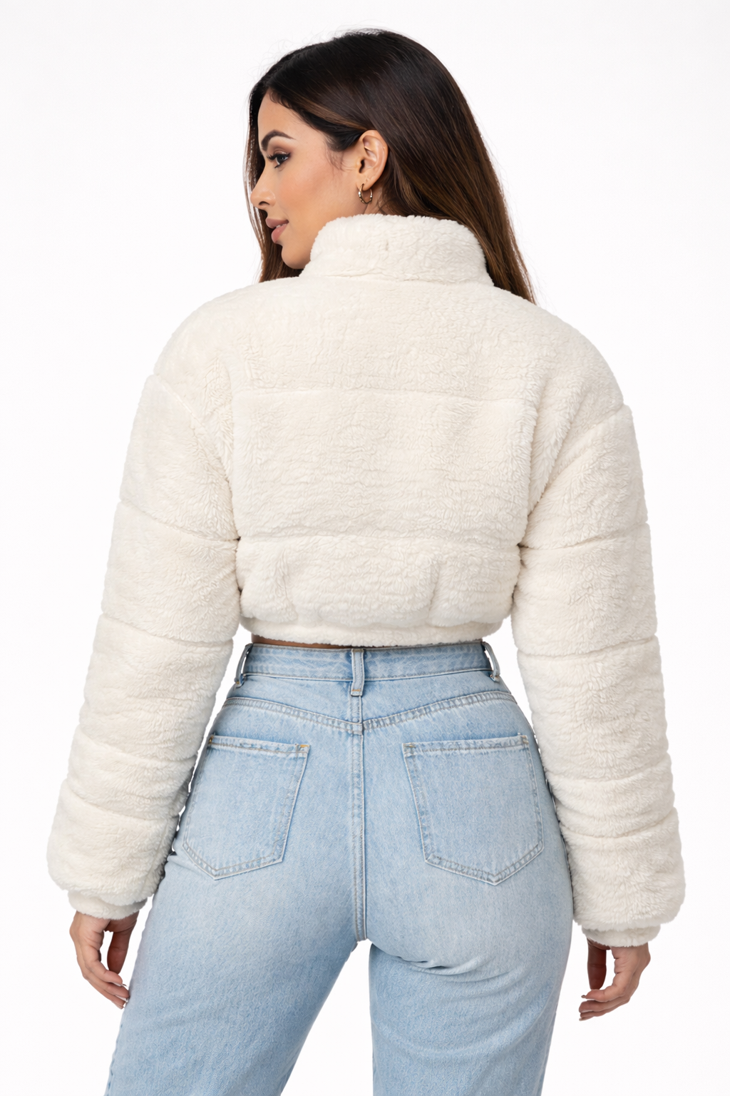 Veste courte polaire col zippé blanche - femme